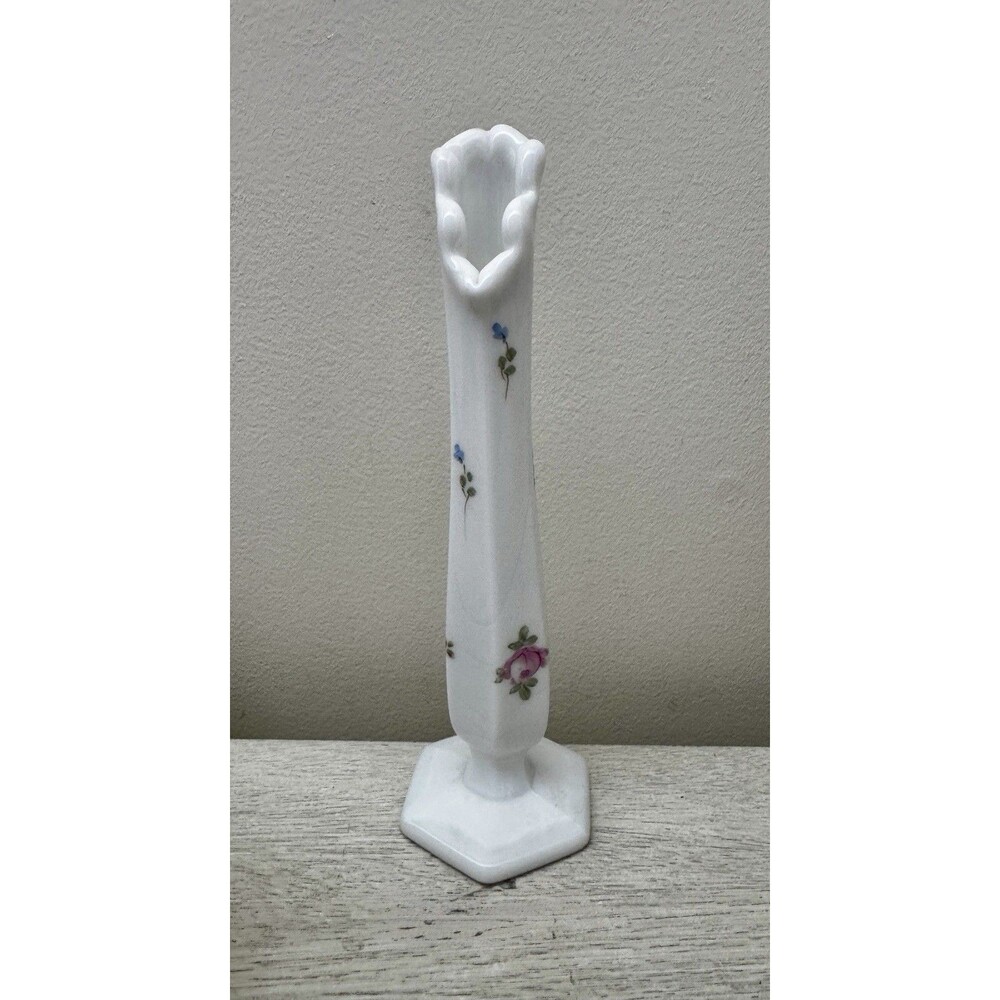 Vintage 60s Hand Painted Milk Glass Bud Vase 9" Hexagonal Base Pink Rose Floral